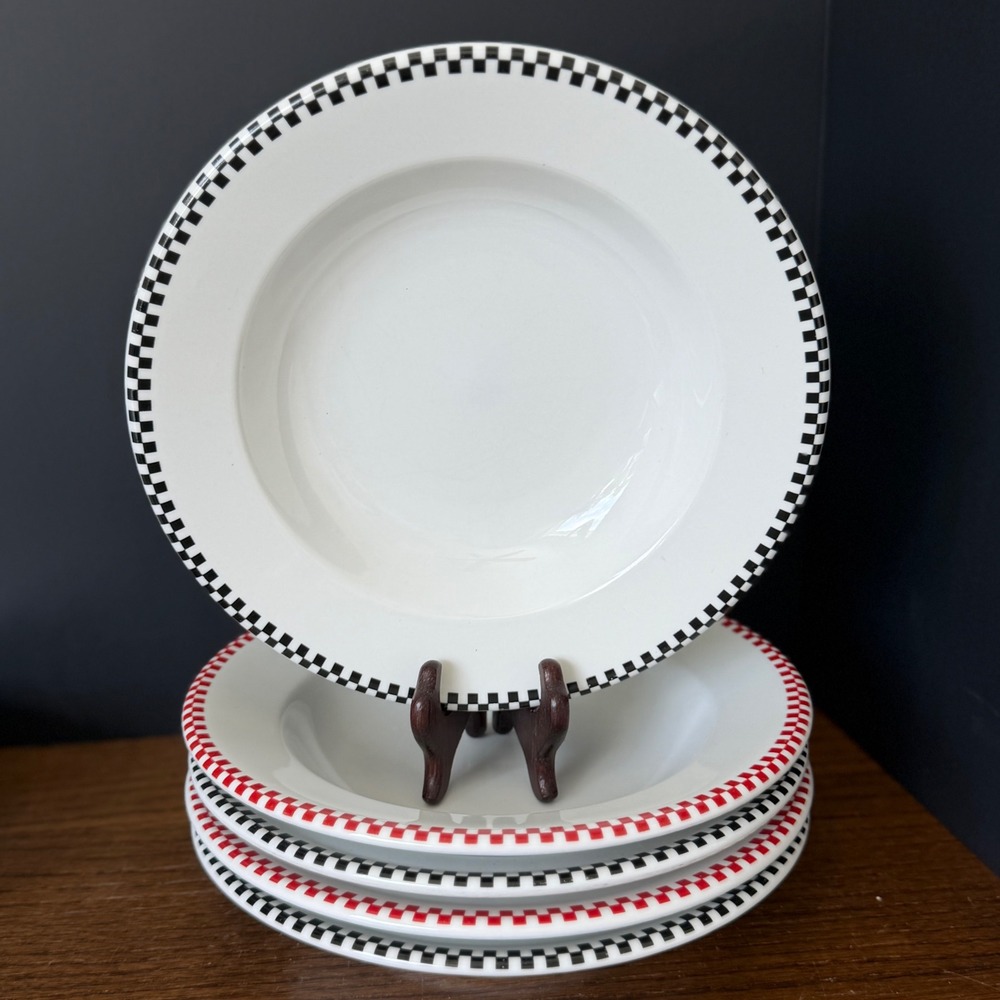 Oneida Crown Rego Porcelain Soup Bowls Set 5 Checkered Red Black White Vintage